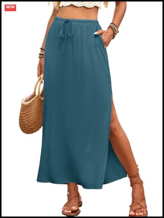 Dresses & Skirts - Linen Straight Maxi Skirt with Side Slit & Pockets Elastic Waist Drawstring